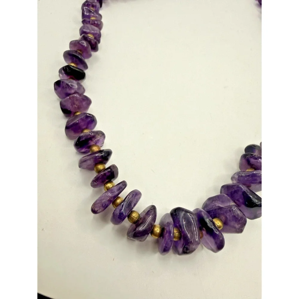 Vtg Amethyst Necklace Chip Bead Purple‎ Stone Nugget Gold Tone Boho 18